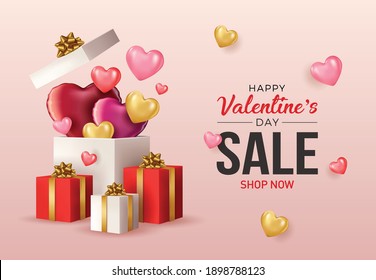 Happy valentines day vector banner greeting card with valentine elements like gift and hearts design in red background. Gold metallic text Love, realistic red balloons. Vector Illustration 
