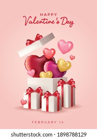 Happy valentines day vector banner greeting card with valentine elements like gift and hearts design in red background. Gold metallic text Love, realistic red balloons. Vector Illustration 
