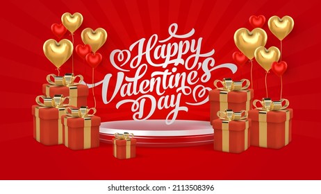 Happy valentines day vector banner background. Valentines day greeting card with typography and elements like gifts, red heart shapes and jewelries in red background . Vector illustration 3d scene.