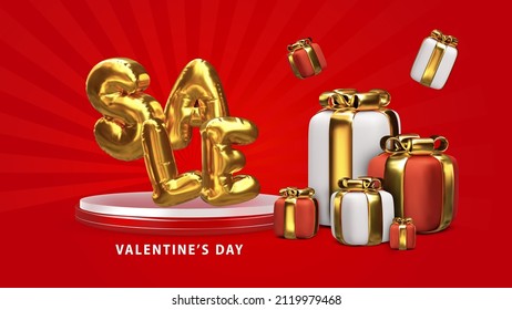 Happy valentines day vector banner background. Valentines day greeting card with typography and elements like gifts, red heart shapes and jewelries in red background . Vector illustration 3d scene.