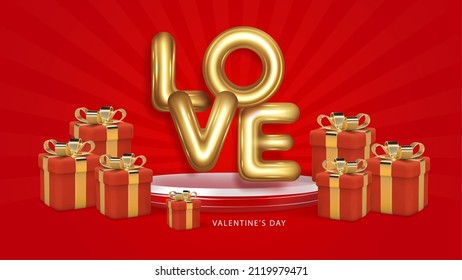 Happy valentines day vector banner background. Valentines day greeting card with typography and elements like gifts, red heart shapes and jewelries in red background . Vector illustration 3d scene.