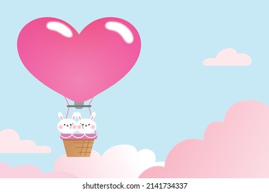 Happy Valentine's Day vector banner or love greeting card. Love is in the air concept. Couple of cute cartoon bunnies flying in an pink heart shaped air balloon. Togetherness concept, love card.
