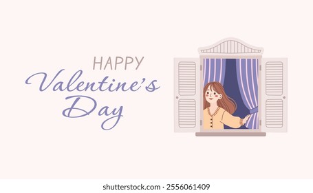 Happy Valentine's Day. Vector banner, poster, greeting card with cute girl in love, woman looking out of window. Cute illustration for promotion and shopping template.
