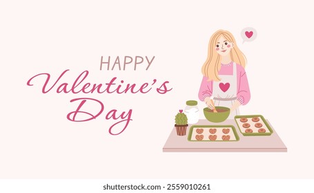 Happy Valentine's Day. Vector banner, poster, greeting card with beautiful girl, woman with blonde hair makes cookies. Cute illustration for promotion and shopping template.