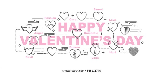 happy valentine's day vector banner design concept, flat style with thin line art icons on white background
