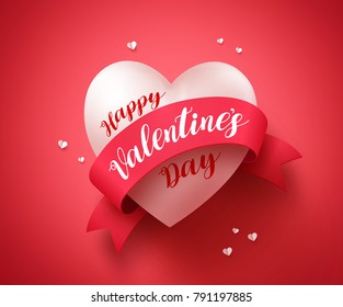 Happy valentines day vector banner design with typography and realistic white heart shape and elements in a ribbon for valentines day greeting card. Vector illustration.
