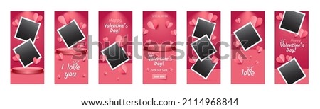 Happy Valentine's day vector banner set. Red, pink hearts background. Vintage photo frames. Valentines day greeting cards. Insta story banners. Phone stories, wallpapers design template. I love you! 