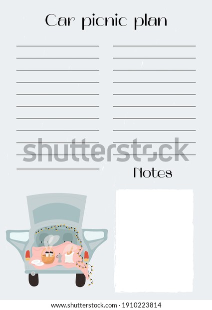 Happy Valentine's Day. Vector car picnic plan
list with lines and place for notes. Nice vector flat illustration
with picnic for Valentine's Day in cartoon style. Picnic in the car
with coffee.