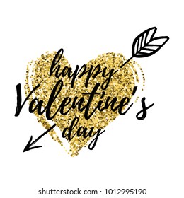 Happy Valentine's day vector card. Happy Valentine's Day lettering. Hand drawn heart with a golden glitter texture.