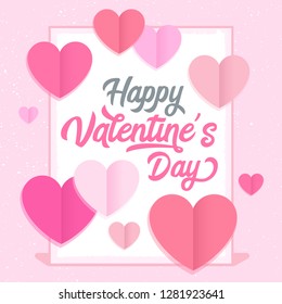 Happy Valentine's Day vector card with pink hearts and wording