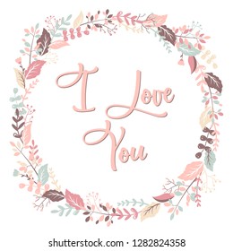 Happy Valentines day vector card with hand drawn floral round frame
