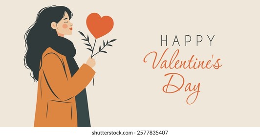 Happy Valentine's Day. Vector card in gentle pastel colors with space for text. One cute girl holds a heart on a branch in her hands. For love sites, dating apps, posters, banner.