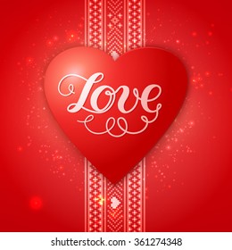 Happy Valentine's day vector card. With ethnic border stripe and shining particles. Elegant and tender gift or invitation card. 