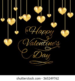 Happy Valentine's Day Vector Card and Background. on a black background golden shiny letters glitter gold hearts