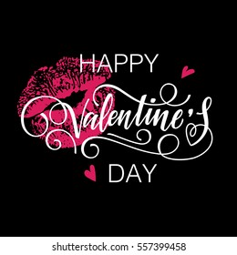 Happy Valentine's day vector card. Happy Valentine's Day lettering with lipstick imprints on a background.