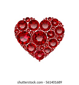Happy Valentines day vector card. Beautiful heart composed from red heart cut rubies isolated in white background. Holiday poster with shining red jewels. Concept for banner, flayer, invitation