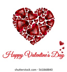 Happy Valentines day vector card. Beautiful heart composed from red heart cut rubies isolated in white background. Holiday poster with shining red jewels. Concept for banner, flayer, invitation