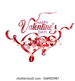 Happy Valentines day vector card. Valentines typography. Heart with pink ribbon