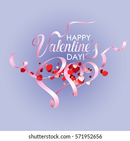 Happy Valentines day vector card. Heart with pink ribbon. Vector illustration