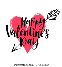 Happy Valentine's Day vector card. Hand written phrase Happy Valentine's Day. Hand drawn pierced heart.