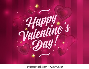 Happy Valentine's Day Vector Card. Romantic Pink Background with Strips. Paper Art Carving with Layered Cut Out Shape of Heart. Stylish and Elegant Valentines Day Flyer, Banner, Invitation Design.