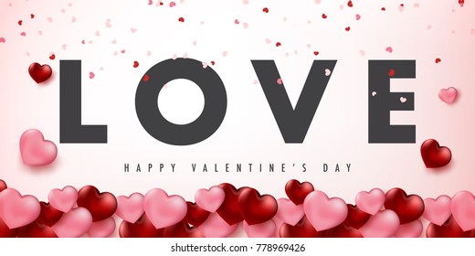 Happy valentine's day vector card and poster design with love text and heart confetti.Illustration eps10.