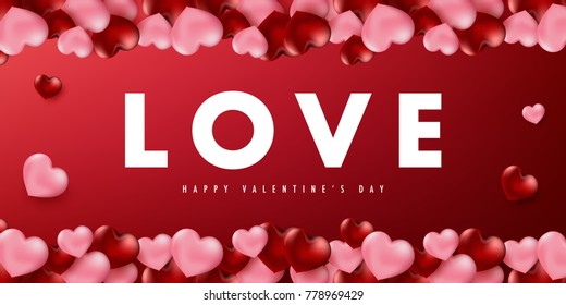 Happy valentine's day vector card and poster design with love text and heart confetti.Illustration eps10.