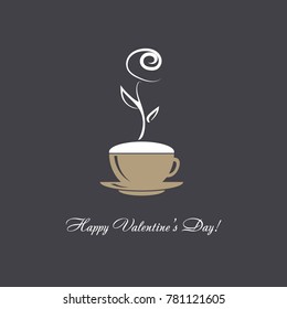 Happy Valentine's Day vector card with steaming flower rose over a coffee cup reminiscent drawing by chalk on Black board