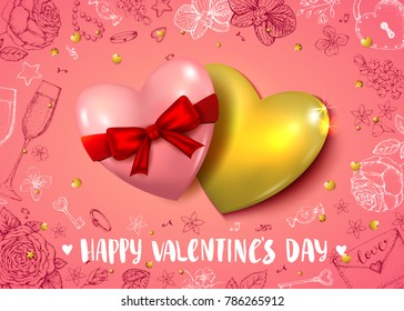 Happy Valentines day vector card with two hearts. Romantic pink background with vintage hand drawn sketched elements: flowers, wine glasses, envelope, sweets. Handwritten calligraphy inscription.