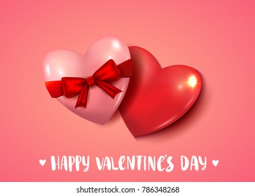 Happy Valentines day vector card with realistic two hearts. Romantic pink background. Handwritten modern calligraphy inscription. Brush lettering.