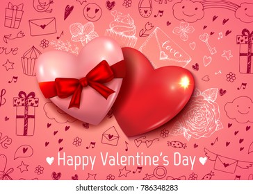 Happy Valentines day vector card with two hearts. Romantic pink background with doodles. Hand drawn vintage sketched elements: envelope, rose, cake, orchid, key.