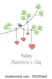Happy Valentine`s day vector card or poster with cute  hearts and bird