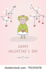 Happy Valentine`s day vector card or poster with cute girl and hearts