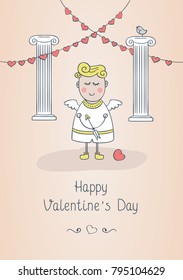 Happy Valentine`s day vector card or poster with cute Cupid and hearts garland