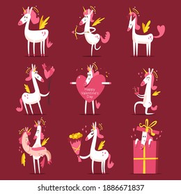 Happy Valentines day vector cartoon illustration with cute unicorn cupid with halo and angel wings.