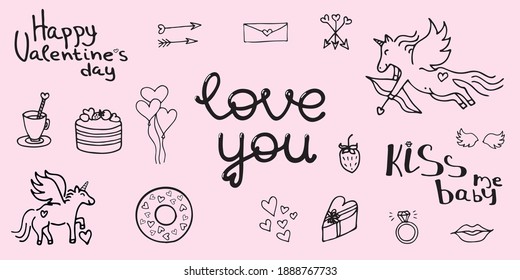 Happy Valentine's day vector collection. Love you, kiss me baby lettering. Set of doodles: lips, wings, strawberry, letter, arrows, cake, donut, hearts, pegasus horse unicorn cupid, balloons, cup.