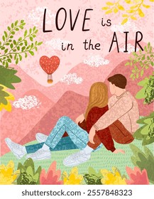 Happy Valentines Day Vector Colorful Illustration of Couple in Love Looks at a Air Balloon in the Sky