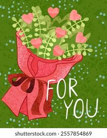 Happy Valentines Day Vector Colorful Illustration of Bouquet with Heart Shaped Plants With Handwriting Lettering - Love You