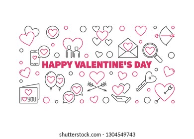 Happy Valentine's Day vector concept horizontal illustration in thin line style