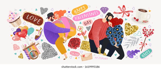 Happy Valentine's Day! Vector cute illustrations of a couple in love for background, card or poster. Abstract trendy modern print and objects for the holiday.
