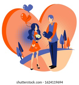 Happy Valentines Day! Vector cute illustration of a couple in love for background, card or poster. 