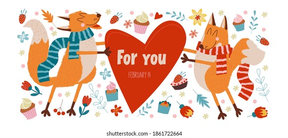 Happy Valentine's day. Vector cute greeting card with foxes in love.