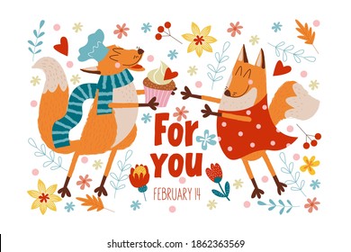 Happy Valentine's day. Vector cute greeting card with foxes in love.