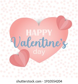 Happy Valentine's day vector. Cute card background pink heart on polka dots. Paper cut 3d like illustration.