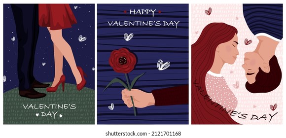 Happy Valentine's Day Vector cute illustrations of man, woman, flowers, valentines, hands and letters. Drawings for postcard, card, congratulations and poster.