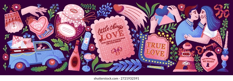 Alles Gute zum Valentinstag. Vektorgrafik eines liebevollen Paares, Herzen, Geschenk, Brief, Auto, Kerze, Schloss mit Schlüssel, Marmelade, Verlobungsring, und romantische Details für Grußkarten, Symbole und Banner.