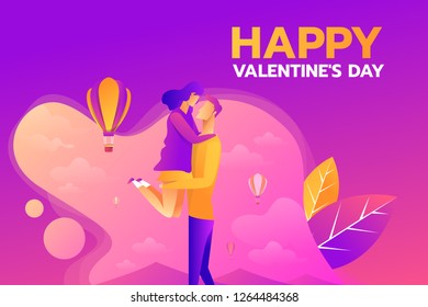 Happy valentine's day vector design. Couple love kissing with love on heart shape cloud hot air balloon