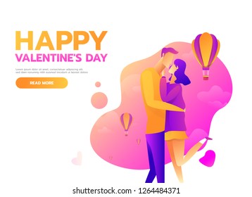 Happy valentine's day vector design. Couple love kissing with love on heart shape cloud hot air balloon