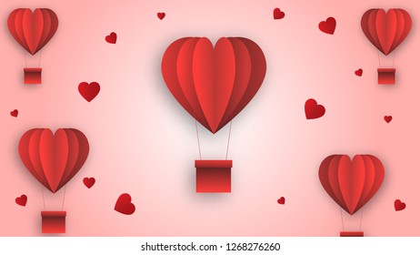 Happy valentines day vector design with paper cut red heart shape hot air balloons flying 