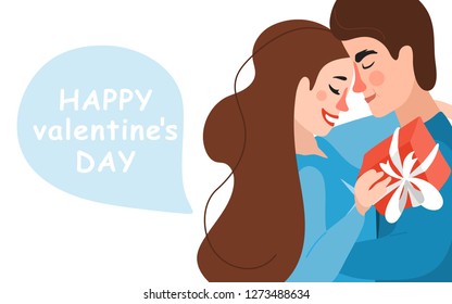 Happy valentines day vector design with hug couple in love, gift present on white background. Holiday greeting with love. Vector illustration.